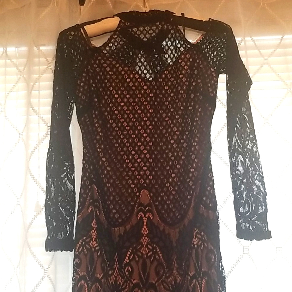 Lace Black & Nude Long Sleeve High Neck Dress